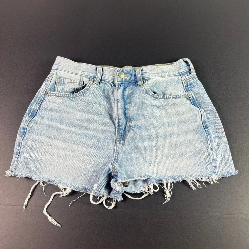 American Eagle Short Women 28* Mom Hi Rise Light Blue Faded Cut Off Jorts Tag 6R